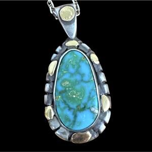 18k Gold & Sterling Silver Necklace Pendant Huge High Grade Kingman Turquoise
